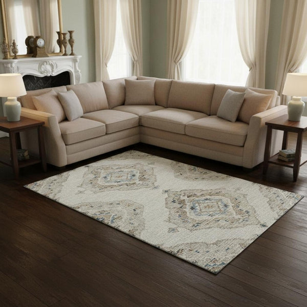 HomeRoots 9' X 12' Linen Ivory and Blue Tribal Area Rug – Washable, UV-Protected, Stain Resistant for Homes 644179