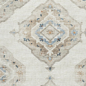 HomeRoots 9' X 12' Linen Ivory and Blue Tribal Area Rug – Washable, UV-Protected, Stain Resistant for Homes 644179