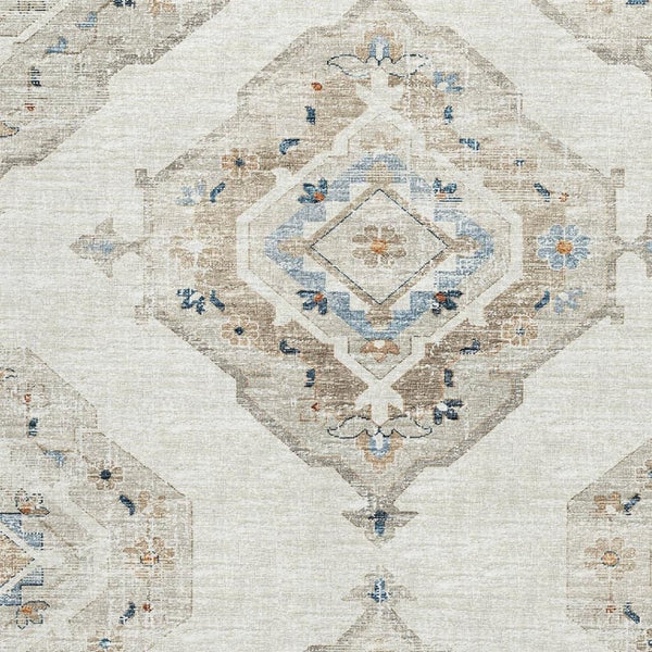 HomeRoots 9' X 12' Linen Ivory and Blue Tribal Area Rug – Washable, UV-Protected, Stain Resistant for Homes 644179