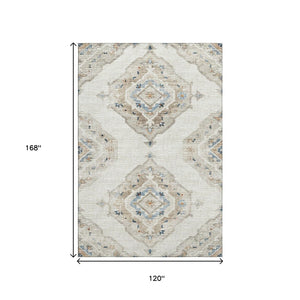 HomeRoots 10' x 14' Linen Ivory & Blue Tribal Area Rug - Washable, UV-Protected, Durable & Stylish for Homes 644180