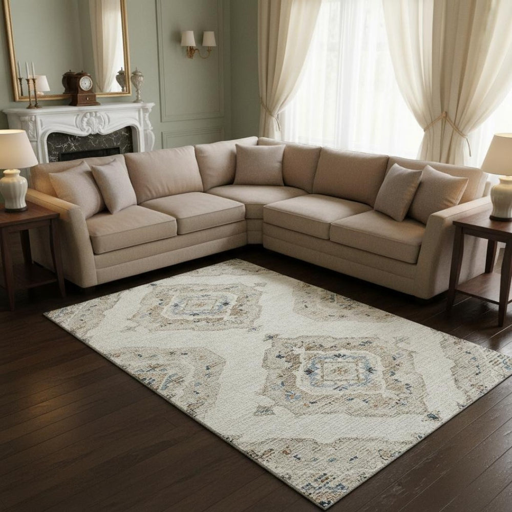 HomeRoots 10' x 14' Linen Ivory & Blue Tribal Area Rug - Washable, UV-Protected, Durable & Stylish for Homes 644180