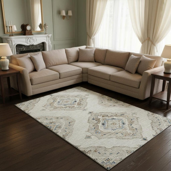 HomeRoots 10' x 14' Linen Ivory & Blue Tribal Area Rug - Washable, UV-Protected, Durable & Stylish for Homes 644180