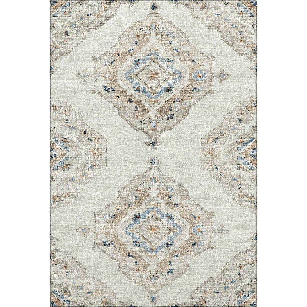 HomeRoots 10' x 14' Linen Ivory & Blue Tribal Area Rug - Washable, UV-Protected, Durable & Stylish for Homes 644180