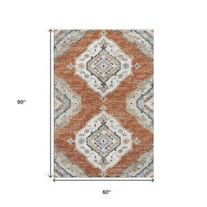 HomeRoots 5' X 8' Stylish Terra Cotta and Blue Tribal Area Rug - Machine Washable with UV Protection & Durability 644182