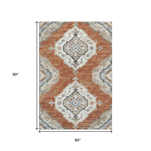 HomeRoots 5' X 8' Stylish Terra Cotta and Blue Tribal Area Rug - Machine Washable with UV Protection & Durability 644182