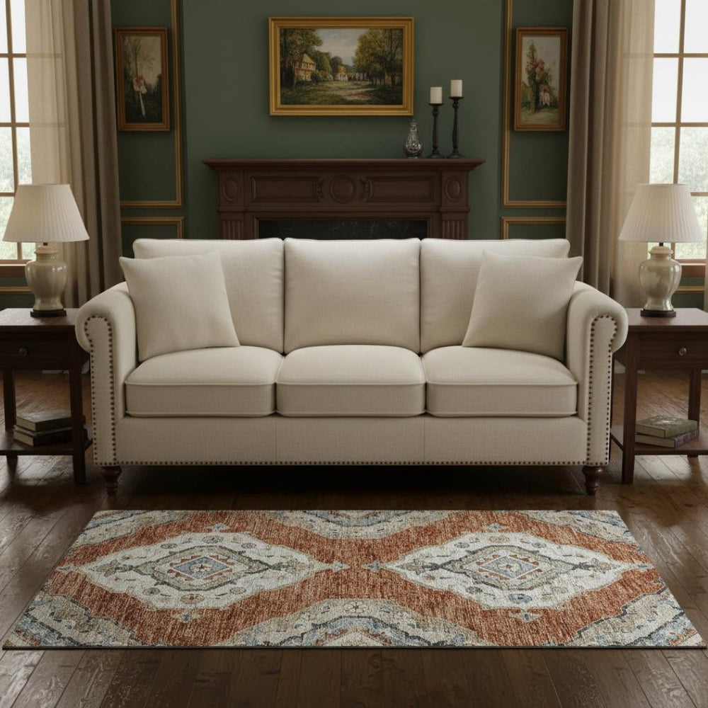 HomeRoots 5' X 8' Stylish Terra Cotta and Blue Tribal Area Rug - Machine Washable with UV Protection & Durability 644182