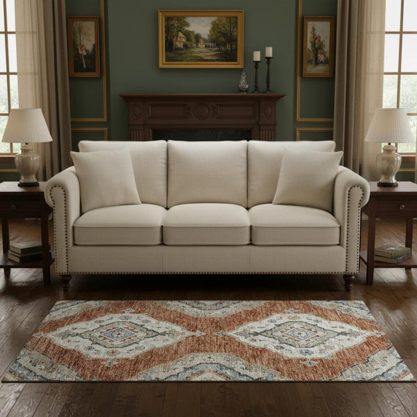 HomeRoots 5' X 8' Stylish Terra Cotta and Blue Tribal Area Rug - Machine Washable with UV Protection & Durability 644182