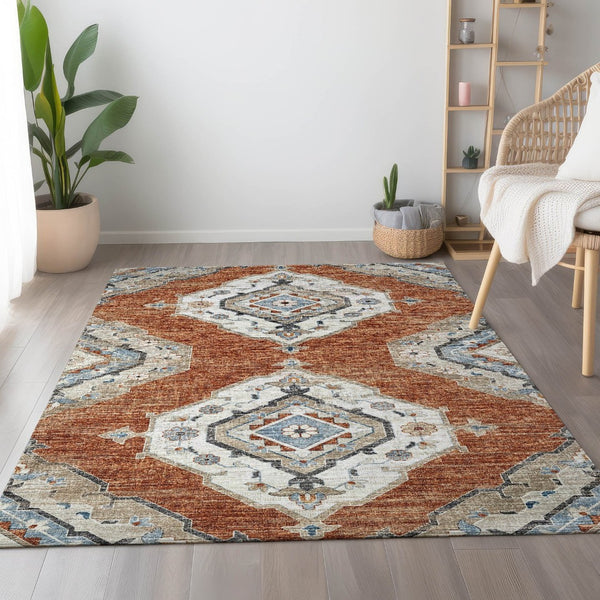 HomeRoots 5' X 8' Stylish Terra Cotta and Blue Tribal Area Rug - Machine Washable with UV Protection & Durability 644182