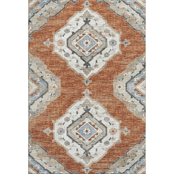HomeRoots 5' X 8' Stylish Terra Cotta and Blue Tribal Area Rug - Machine Washable with UV Protection & Durability 644182