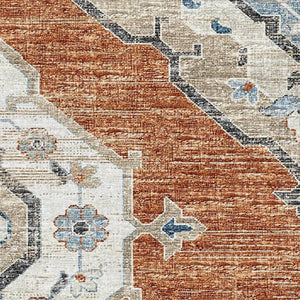 HomeRoots 5' X 8' Stylish Terra Cotta and Blue Tribal Area Rug - Machine Washable with UV Protection & Durability 644182