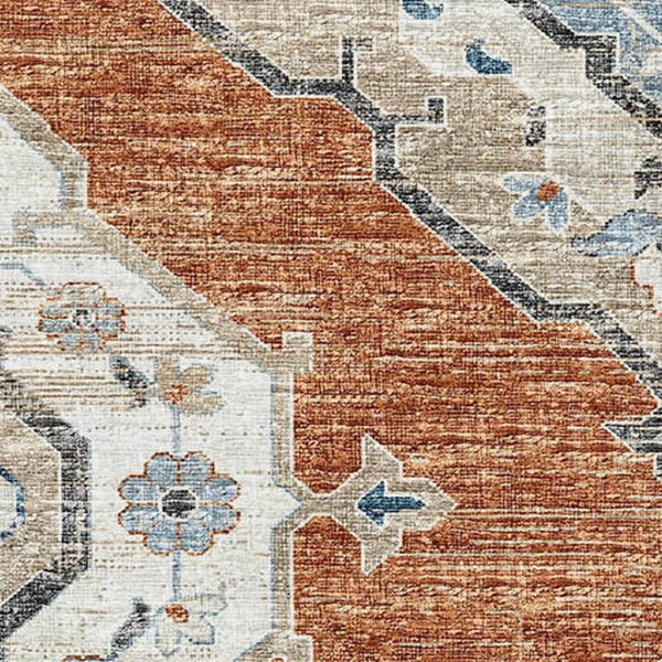 HomeRoots 5' X 8' Stylish Terra Cotta and Blue Tribal Area Rug - Machine Washable with UV Protection & Durability 644182