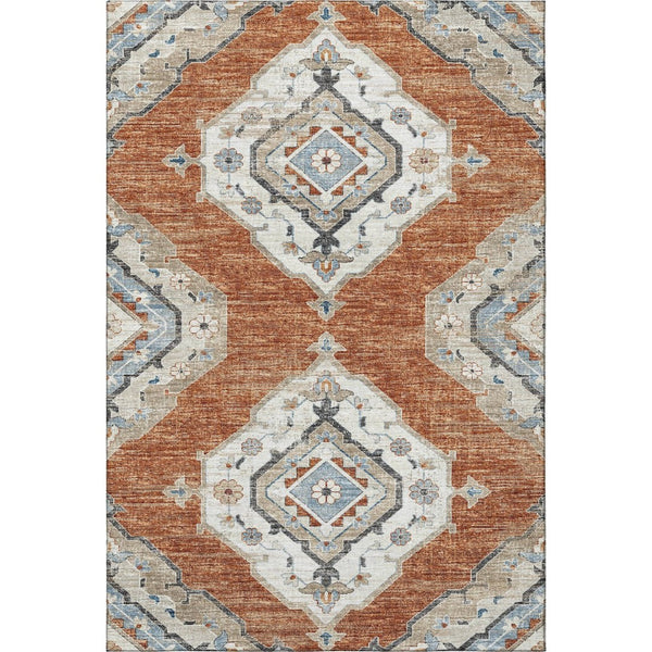 HomeRoots 5' X 8' Stylish Terra Cotta and Blue Tribal Area Rug - Machine Washable with UV Protection & Durability 644182