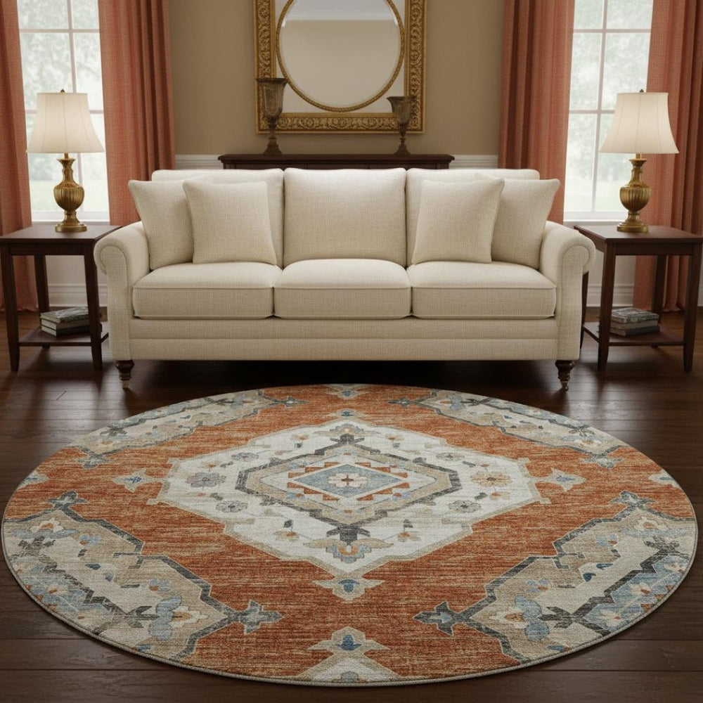 HomeRoots 8' Terra Cotta, Ivory & Blue Tribal Round Rug - Washable, UV-Protected, Durable for Homes & Kids 644183