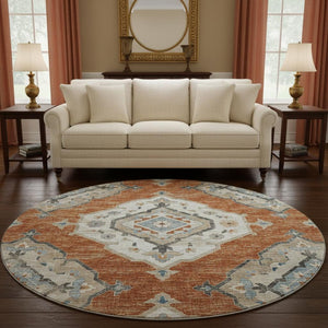 HomeRoots 8' Terra Cotta, Ivory & Blue Tribal Round Rug - Washable, UV-Protected, Durable for Homes & Kids 644183