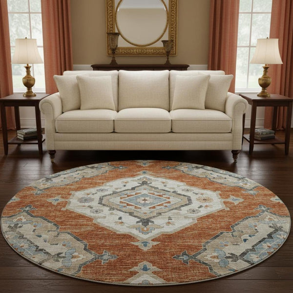 HomeRoots 8' Terra Cotta, Ivory & Blue Tribal Round Rug - Washable, UV-Protected, Durable for Homes & Kids 644183