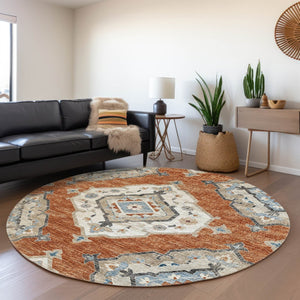 HomeRoots 8' Terra Cotta, Ivory & Blue Tribal Round Rug - Washable, UV-Protected, Durable for Homes & Kids 644183