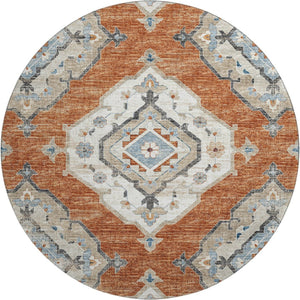 HomeRoots 8' Terra Cotta, Ivory & Blue Tribal Round Rug - Washable, UV-Protected, Durable for Homes & Kids 644183