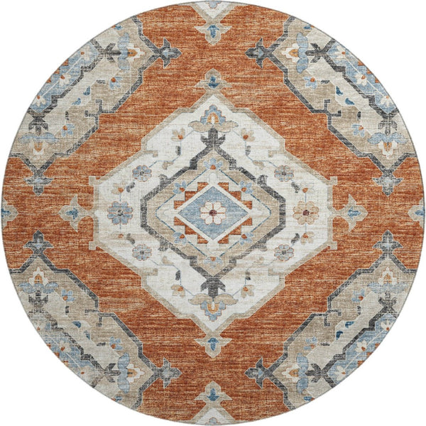 HomeRoots 8' Terra Cotta, Ivory & Blue Tribal Round Rug - Washable, UV-Protected, Durable for Homes & Kids 644183