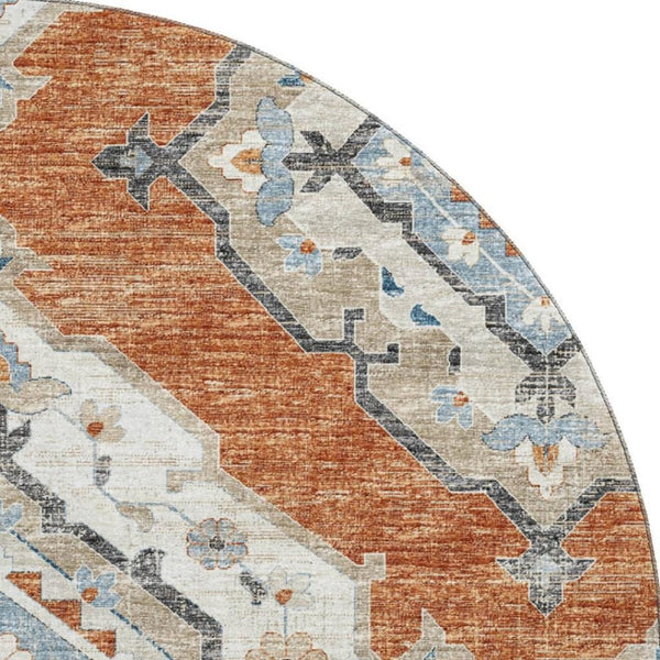 HomeRoots 8' Terra Cotta, Ivory & Blue Tribal Round Rug - Washable, UV-Protected, Durable for Homes & Kids 644183