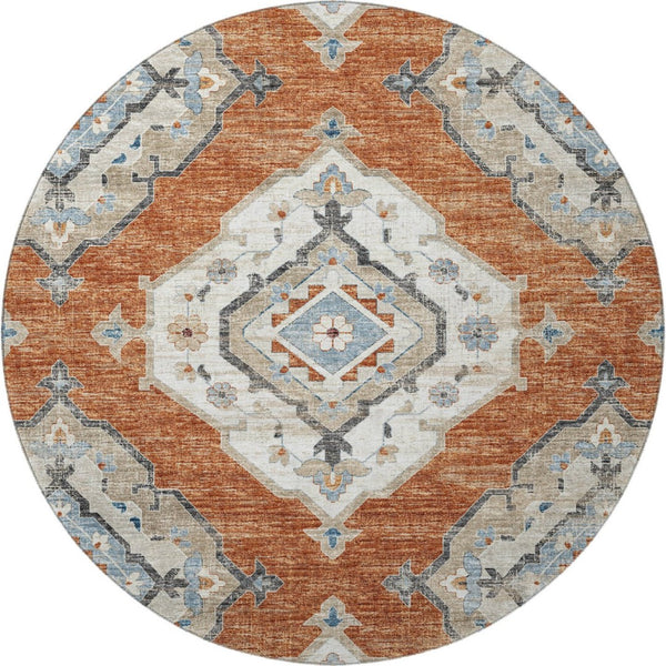 HomeRoots 8' Terra Cotta, Ivory & Blue Tribal Round Rug - Washable, UV-Protected, Durable for Homes & Kids 644183