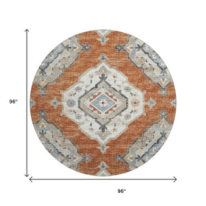 HomeRoots 8' Terra Cotta, Ivory & Blue Tribal Round Rug - Washable, UV-Protected, Durable for Homes & Kids 644183
