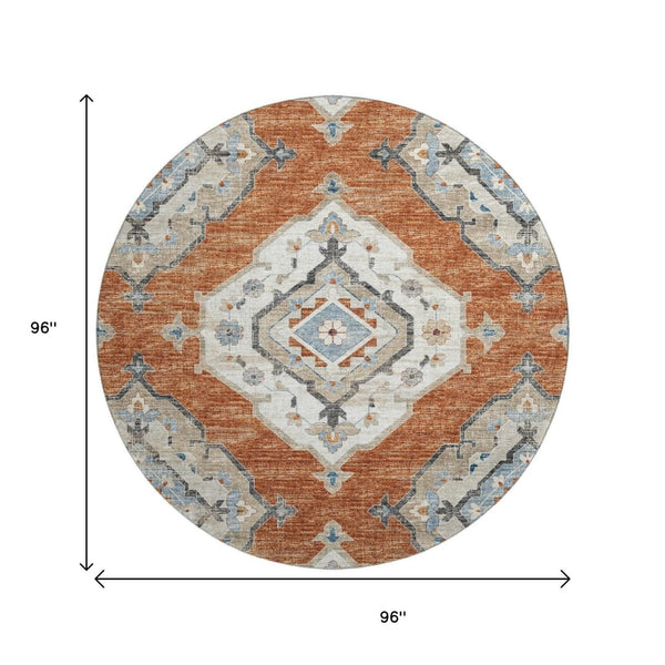 HomeRoots 8' Terra Cotta, Ivory & Blue Tribal Round Rug - Washable, UV-Protected, Durable for Homes & Kids 644183