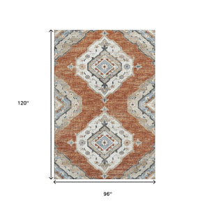 HomeRoots 8' X 10' Tribal Washable Area Rug in Terra Cotta, Ivory & Blue – Durable, UV Protected, Family-Friendly! 644184