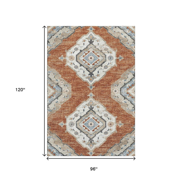 HomeRoots 8' X 10' Tribal Washable Area Rug in Terra Cotta, Ivory & Blue – Durable, UV Protected, Family-Friendly! 644184