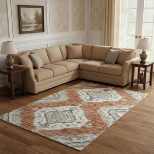 HomeRoots 8' X 10' Tribal Washable Area Rug in Terra Cotta, Ivory & Blue – Durable, UV Protected, Family-Friendly! 644184