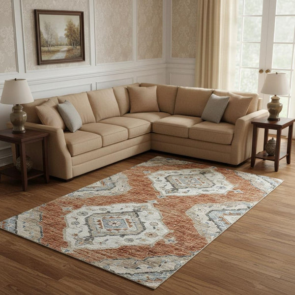 HomeRoots 8' X 10' Tribal Washable Area Rug in Terra Cotta, Ivory & Blue – Durable, UV Protected, Family-Friendly! 644184