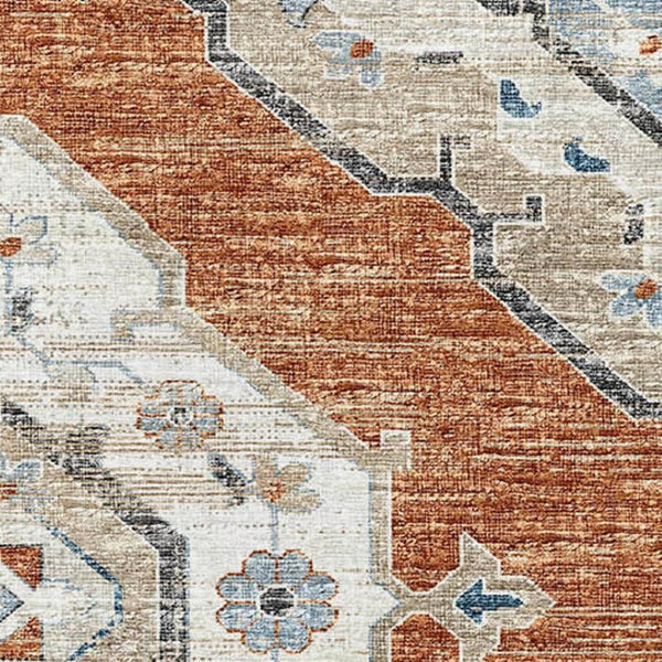 HomeRoots 8' X 10' Tribal Washable Area Rug in Terra Cotta, Ivory & Blue – Durable, UV Protected, Family-Friendly! 644184