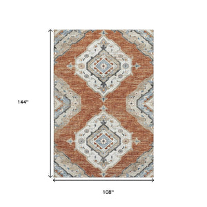 HomeRoots 9' X 12' Terra Cotta Tribal Area Rug - Washable, UV Resistant, Stain-Repellent for Busy Homes! 644185