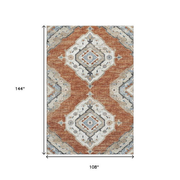 HomeRoots 9' X 12' Terra Cotta Tribal Area Rug - Washable, UV Resistant, Stain-Repellent for Busy Homes! 644185