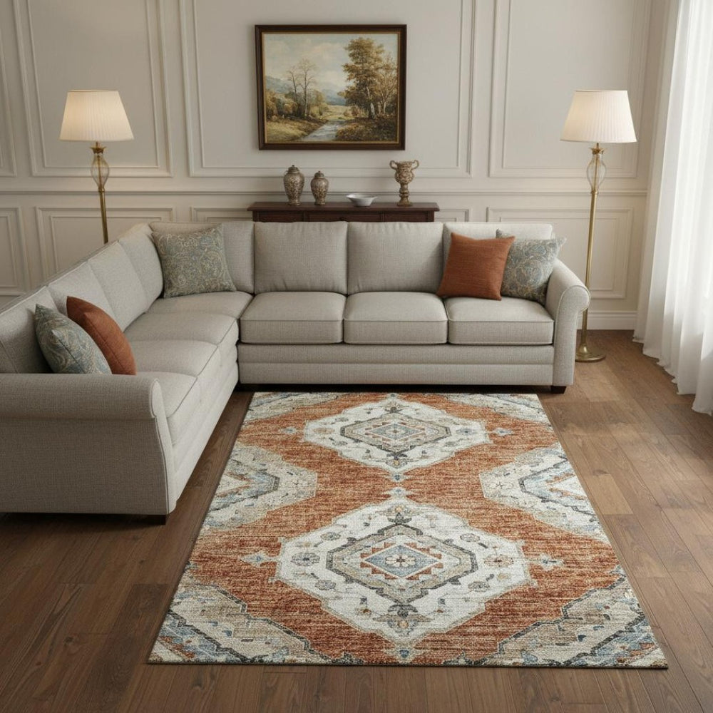 HomeRoots 9' X 12' Terra Cotta Tribal Area Rug - Washable, UV Resistant, Stain-Repellent for Busy Homes! 644185