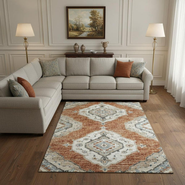 HomeRoots 9' X 12' Terra Cotta Tribal Area Rug - Washable, UV Resistant, Stain-Repellent for Busy Homes! 644185