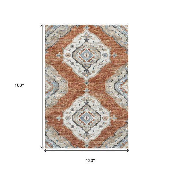 HomeRoots 10' X 14' Terra Cotta Tribal Washable Area Rug with UV Protection – Stylish, Durable, and Easy Care! 644186