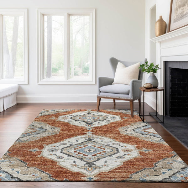HomeRoots 10' X 14' Terra Cotta Tribal Washable Area Rug with UV Protection – Stylish, Durable, and Easy Care! 644186