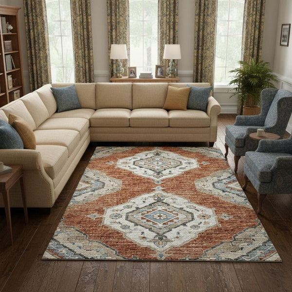 HomeRoots 10' X 14' Terra Cotta Tribal Washable Area Rug with UV Protection – Stylish, Durable, and Easy Care! 644186
