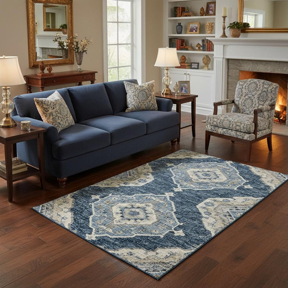 HomeRoots 5' X 8' Blue and Ivory Tribal Area Rug - Durable, Washable, UV-Protected, Perfect for Homes with Kids! 644194