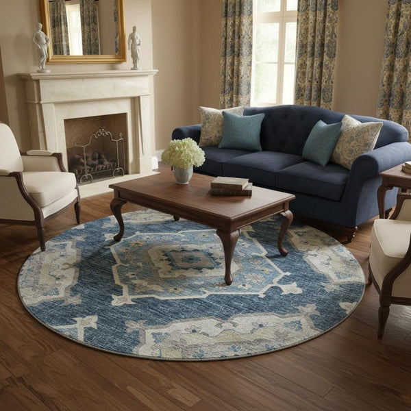 HomeRoots 8' Blue and Ivory Tribal Round Rug - Durable, Washable Design with UV Protection for All Spaces 644195