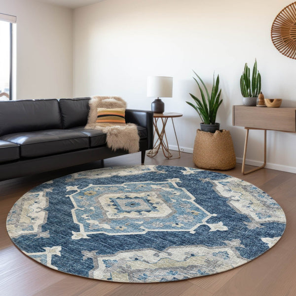 HomeRoots 8' Blue and Ivory Tribal Round Rug - Durable, Washable Design with UV Protection for All Spaces 644195