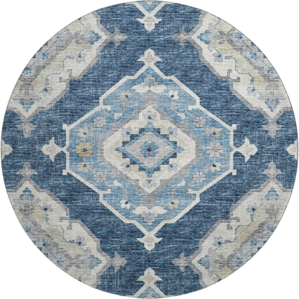 HomeRoots 8' Blue and Ivory Tribal Round Rug - Durable, Washable Design with UV Protection for All Spaces 644195