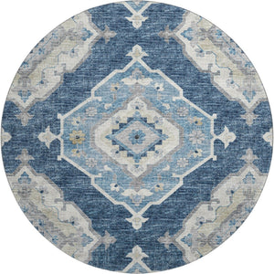 HomeRoots 8' Blue and Ivory Tribal Round Rug - Durable, Washable Design with UV Protection for All Spaces 644195