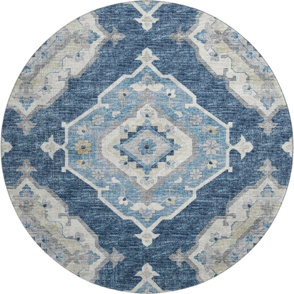 HomeRoots 8' Blue and Ivory Tribal Round Rug - Durable, Washable Design with UV Protection for All Spaces 644195