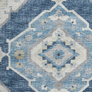HomeRoots 8' Blue and Ivory Tribal Round Rug - Durable, Washable Design with UV Protection for All Spaces 644195