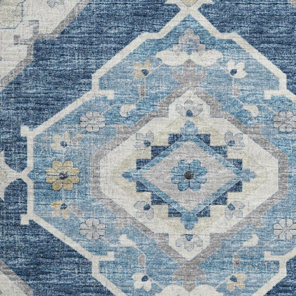 HomeRoots 8' Blue and Ivory Tribal Round Rug - Durable, Washable Design with UV Protection for All Spaces 644195