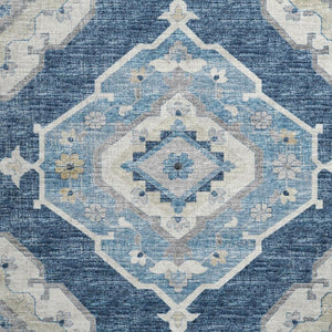 HomeRoots 8' Blue and Ivory Tribal Round Rug - Durable, Washable Design with UV Protection for All Spaces 644195