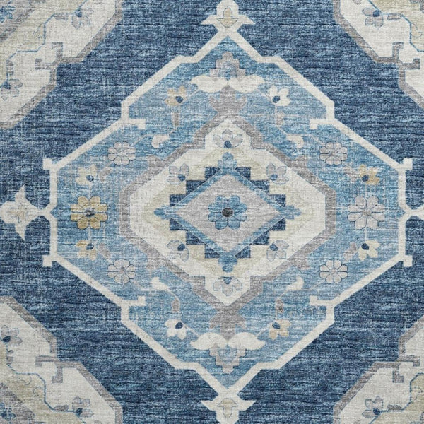 HomeRoots 8' Blue and Ivory Tribal Round Rug - Durable, Washable Design with UV Protection for All Spaces 644195