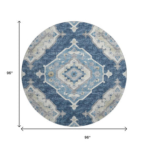 HomeRoots 8' Blue and Ivory Tribal Round Rug - Durable, Washable Design with UV Protection for All Spaces 644195