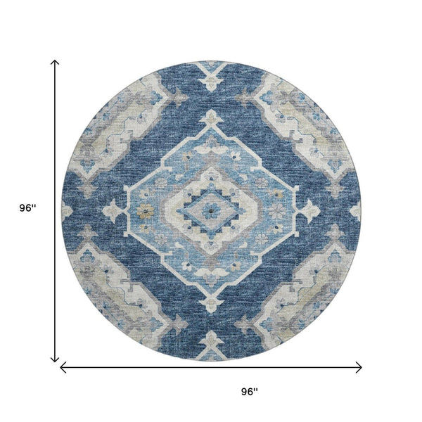 HomeRoots 8' Blue and Ivory Tribal Round Rug - Durable, Washable Design with UV Protection for All Spaces 644195